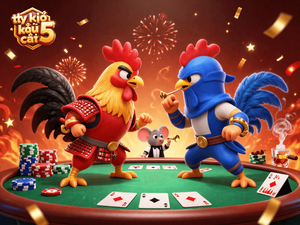 Engage with thrilling tỷ lệ kèo nhà cái 5 action in this vibrant animated cockfight scene.