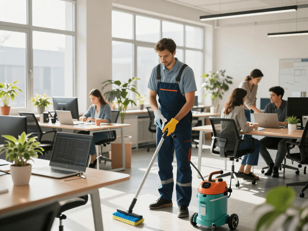 Büroreinigung Göttingen: Professioneller Reinigungskraft putzt modernes Büro mit Luminosität und Professionalität.