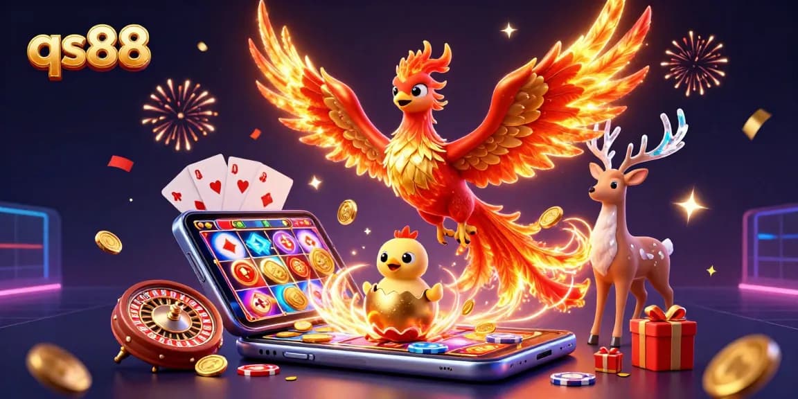 Spin to win big at qs88 with vibrant slot games, celebrating characters, and exciting casino elements.