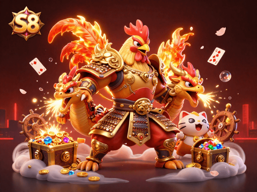 S8 online gaming adventure featuring a cartoon rooster warrior, dragon hatchling, and fortune cat amidst gold coins and cards.