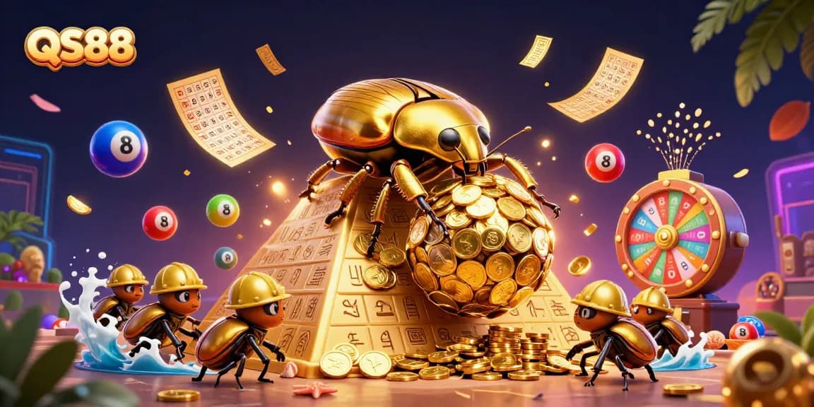Experience thrilling betting action with QS88's dynamic casino illustration filled with vibrant symbols.