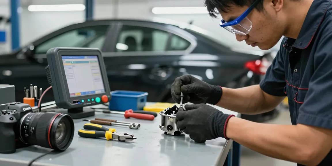 Lenkradsperre reparieren in einer Fachwerkstatt mit sorgfältigem Techniker