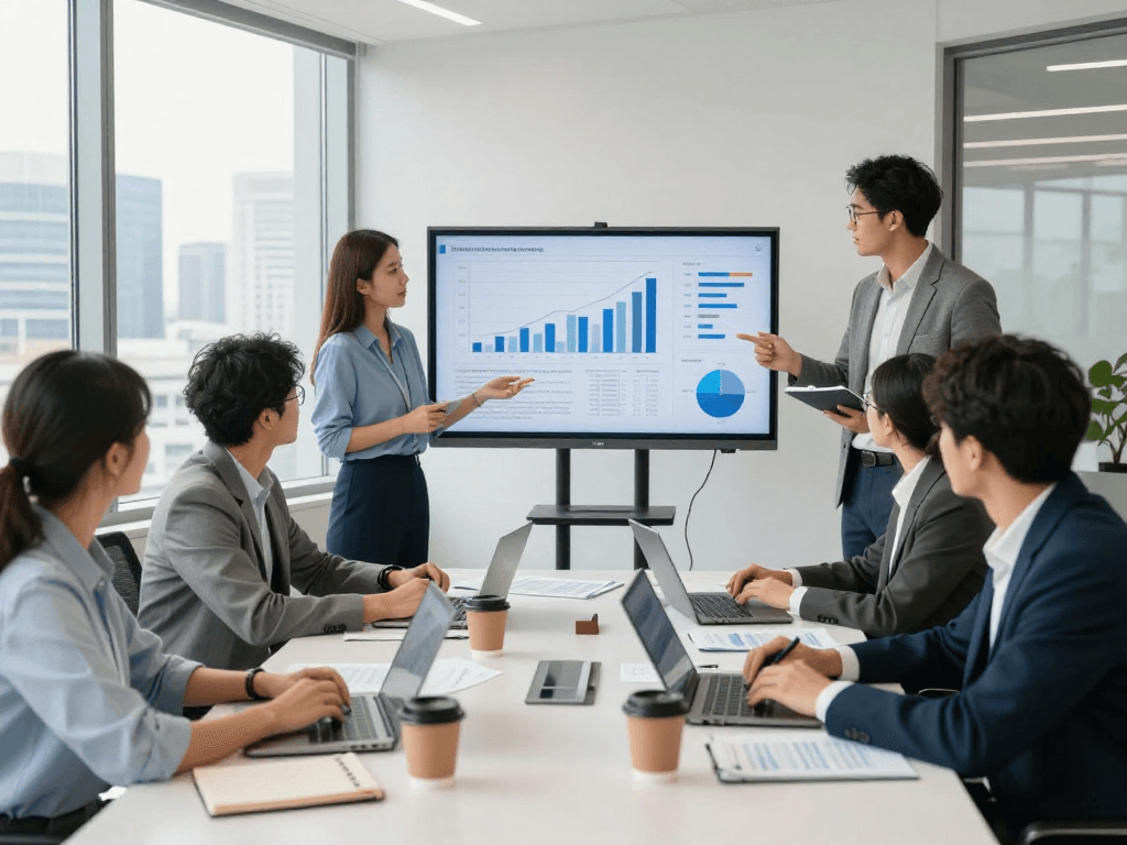 Zakelijk krediet bespreken met diverse team in moderne kantooromgeving.