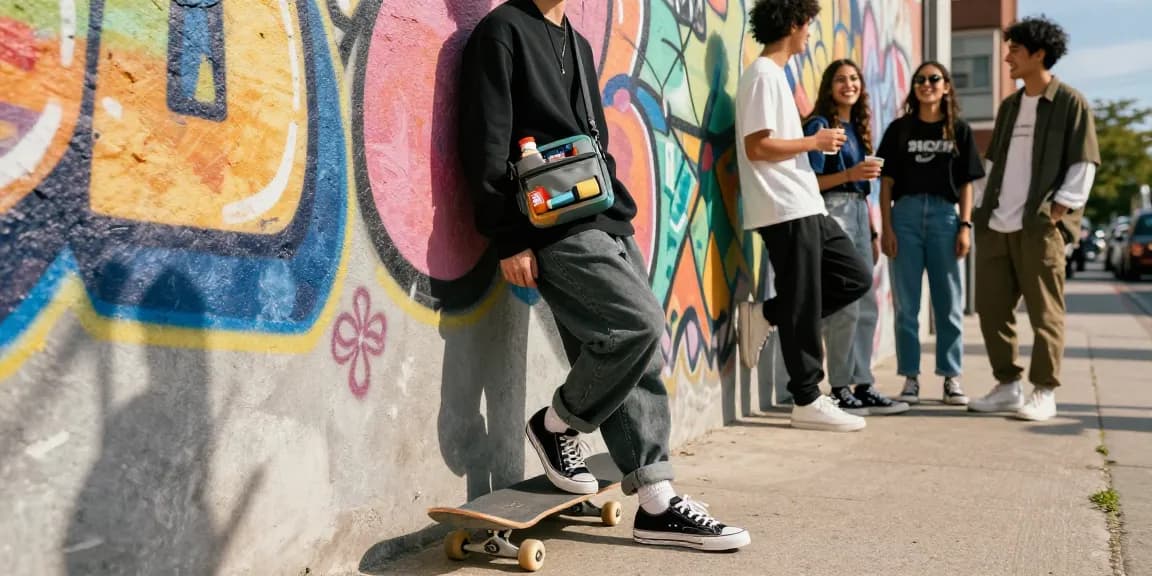 Herrenhandtaschen im urbanen Umfeld, stilvoller Outfit-Träger vor Graffiti-Wand