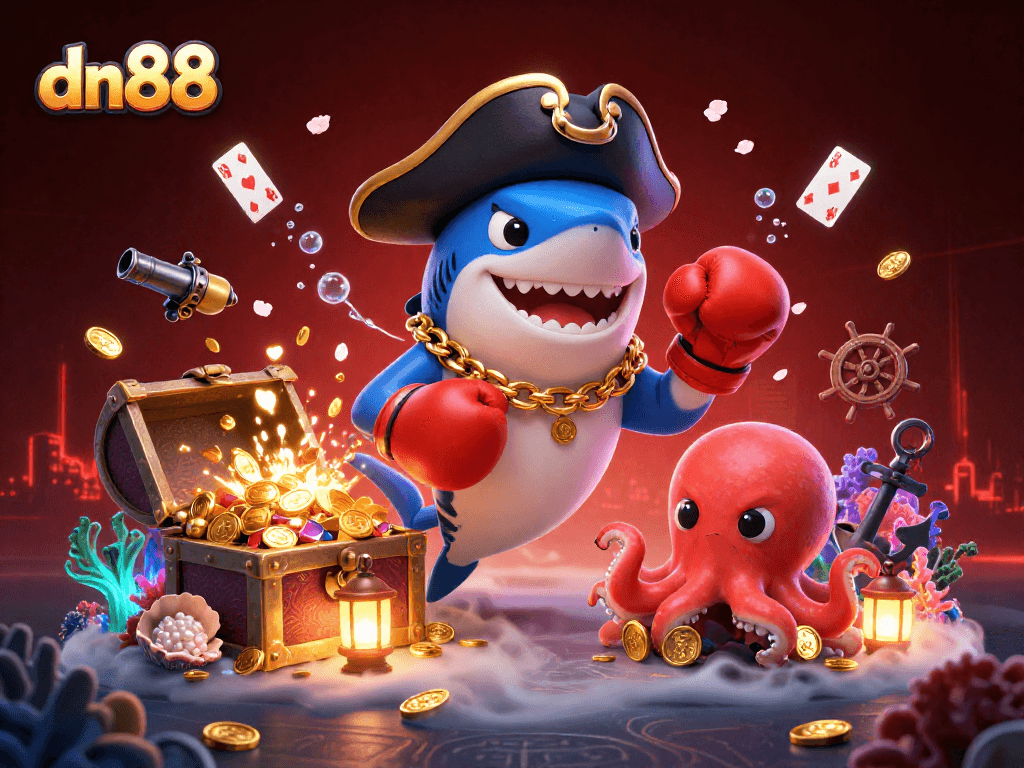Spin the reels with the dn88 shark mascot showcasing an exciting casino scene filled with treasures.