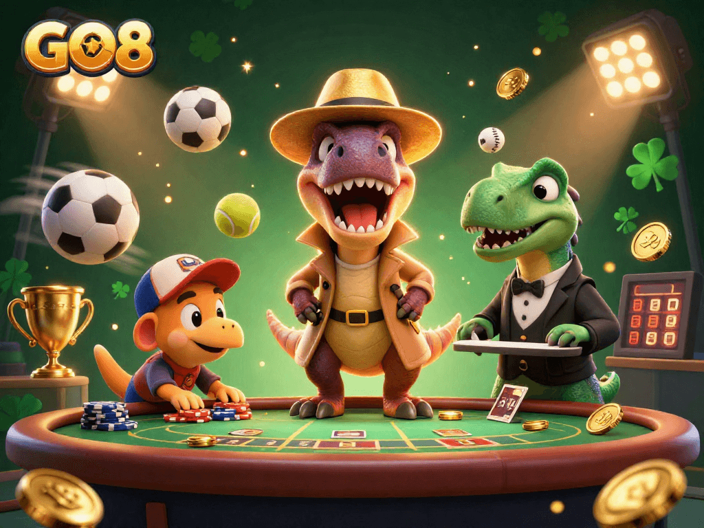 GO8 highlights a 3D velociraptor card counter at a blackjack table surrounded by dynamic gaming elements.