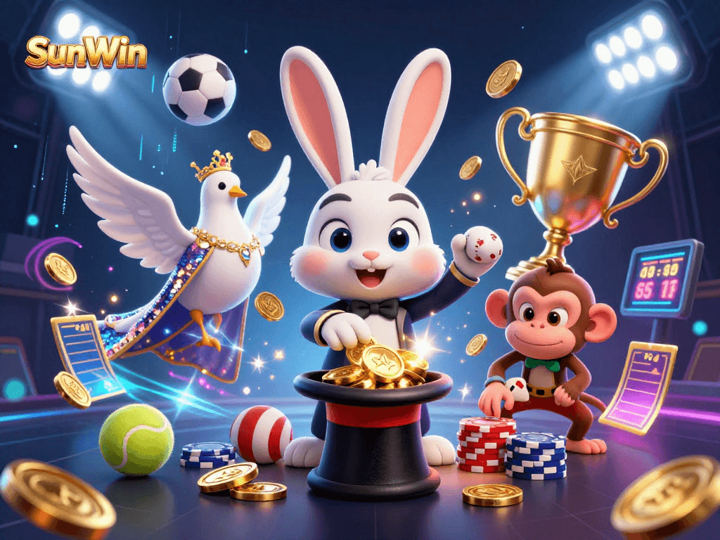 Experience thrilling wins with SunWin's vibrant 3D casino illustration of magical gaming elements.