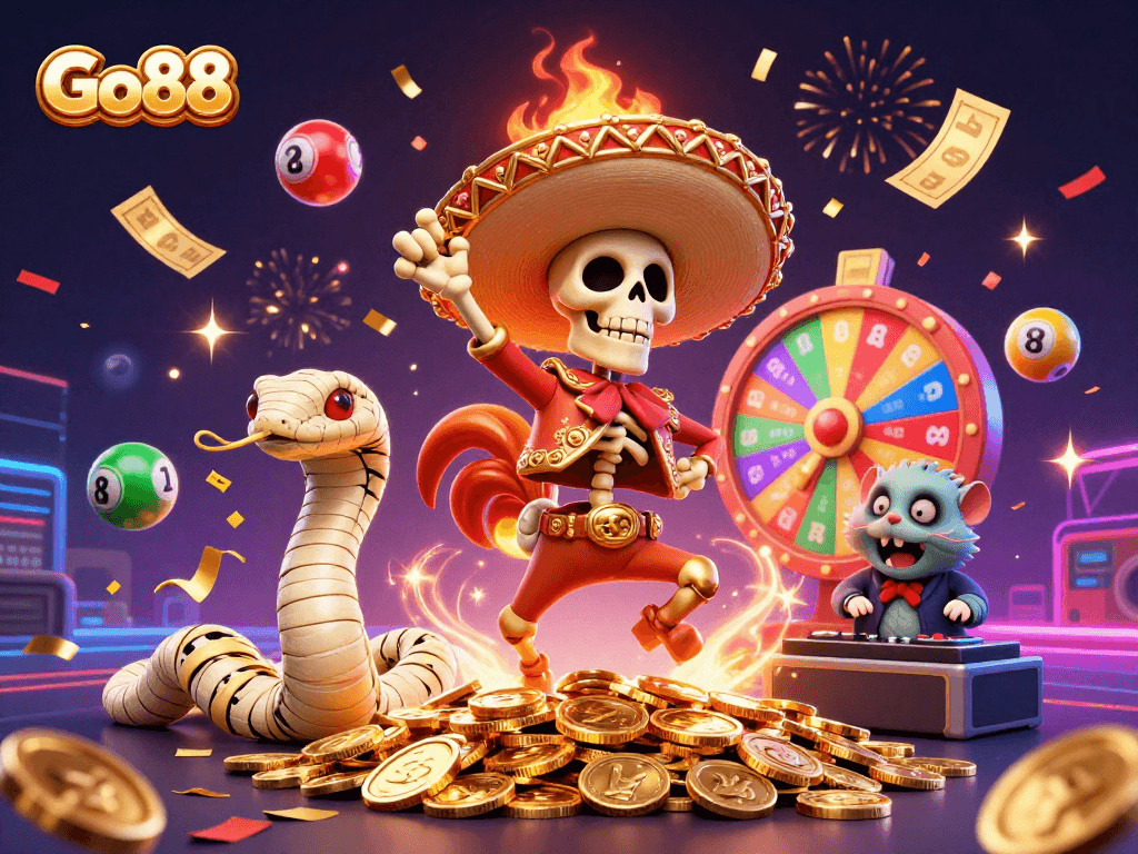 Celebrate big wins with Go88, featuring lively characters and dynamic casino elements in a fun scene.