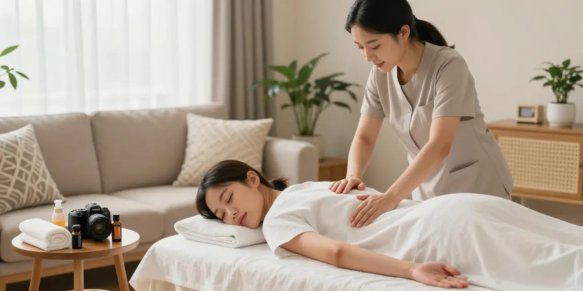 Experiencing a relaxing 광명출장 massage in a cozy home setting with a skilled therapist.
