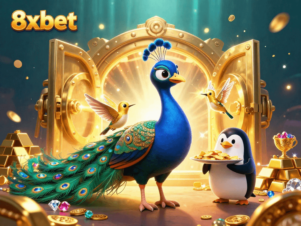 Experience thrilling gameplay with 8xbet, featuring a vibrant casino scene with peacock and penguin characters.