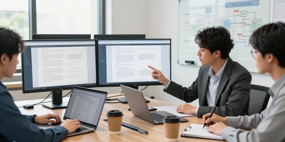 Team analyzing digital documents for document fraud detection in a modern office.