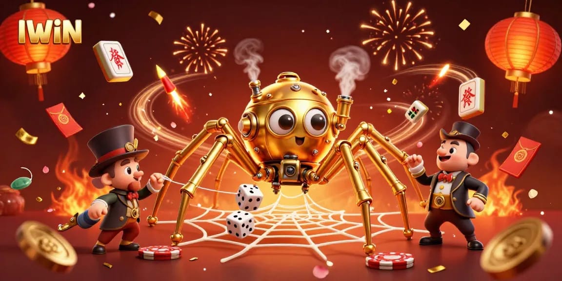 IWIN slots are showcased in this vibrant 3D illustration with steampunk elements and festive casino symbols.