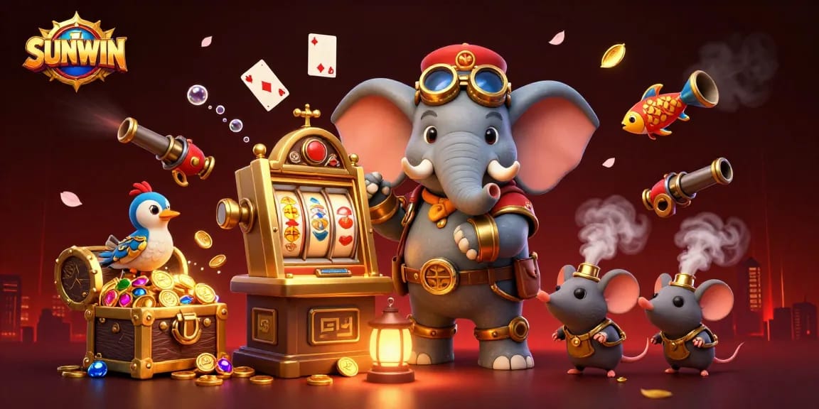 SUNWIN showcases a 3D steampunk elephant engineer operating a vibrant slot machine in a lively casino setting.