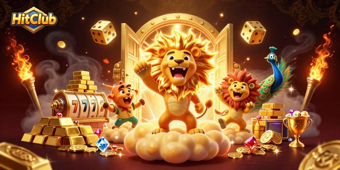 HitClub showcases a 3D illustration of a roaring sun lion surrounded by thrilling gaming elements and treasures.