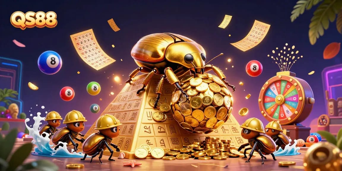 Experience thrilling betting action with QS88's dynamic casino illustration filled with vibrant symbols.
