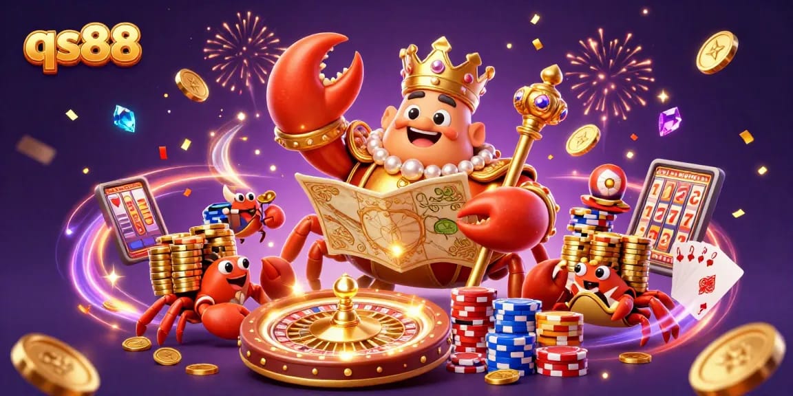Engage with thrilling qs88 casino adventures featuring a majestic crab emperor amid vibrant gaming elements.