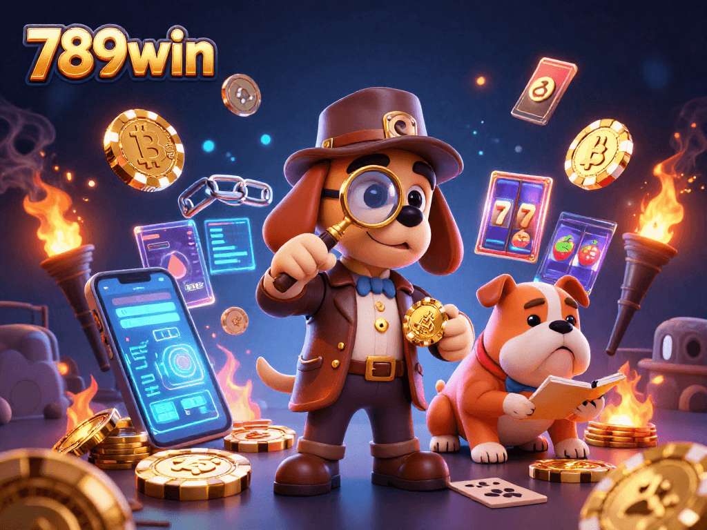 Experience 789win action with a detective uncovering gaming treasures in a vibrant crypto casino scene.
