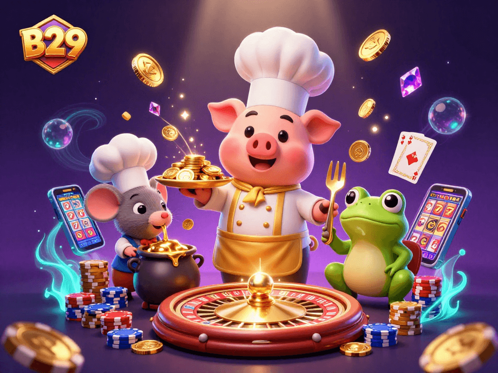 B29 players winning with golden coins in a vibrant 3D casino illustration featuring characters and classic game elements.
