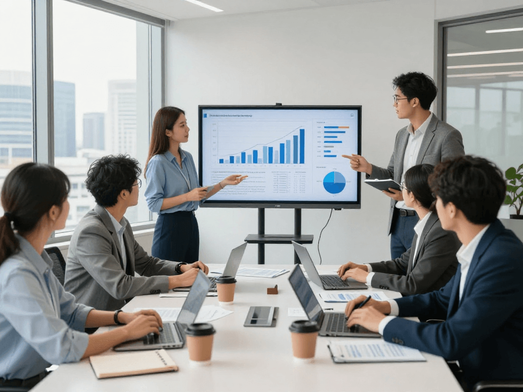 Zakelijk krediet bespreken met diverse team in moderne kantooromgeving.