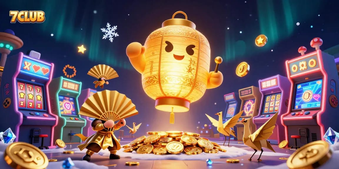7CLUB engages players with thrilling slot games in a vibrant night market casino setting.