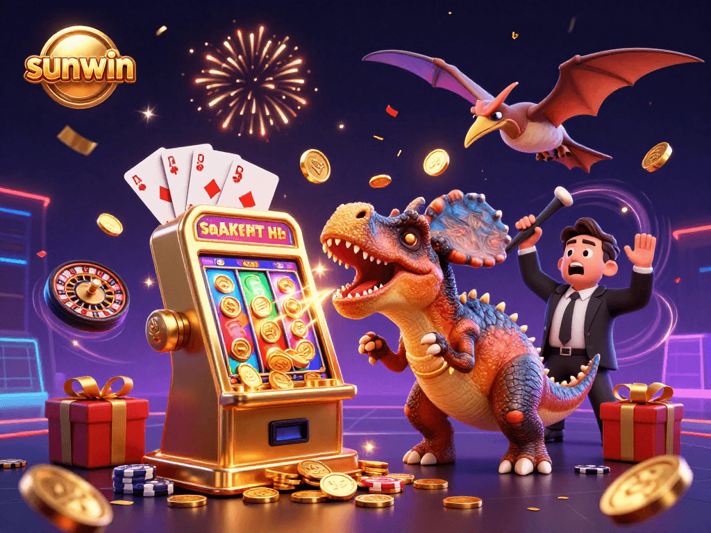 sunwin's thrilling casino experience with a playful dinosaur winning on a slot machine amidst confetti and golden coins