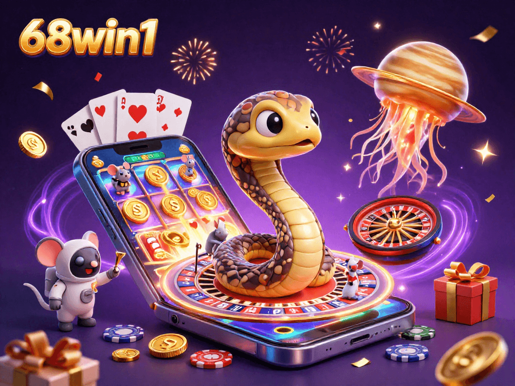 Join 68win1 with a thrilling 3D casino scene showcasing astronauts placing bets on a cosmic roulette wheel.