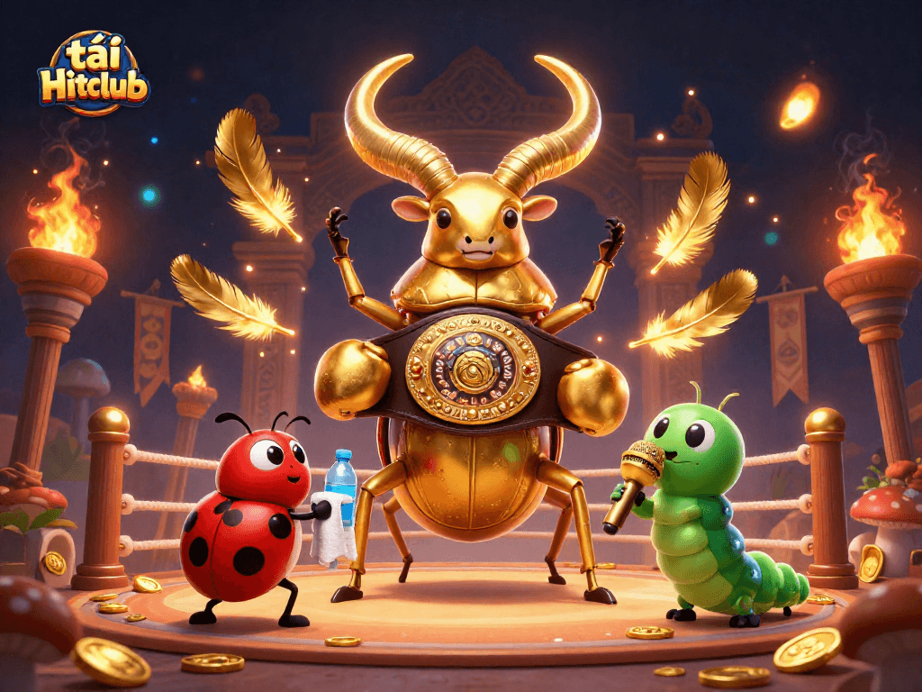 Tải Hitclub for exciting gameplay featuring a giant stag beetle and a ladybug in a dynamic casino scene.