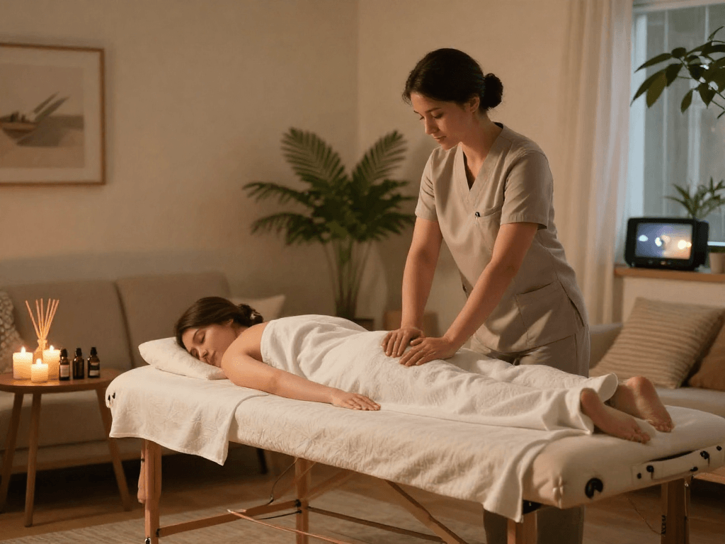 수원출장마사지 setup in a cozy living room, therapist ready with calming ambiance.