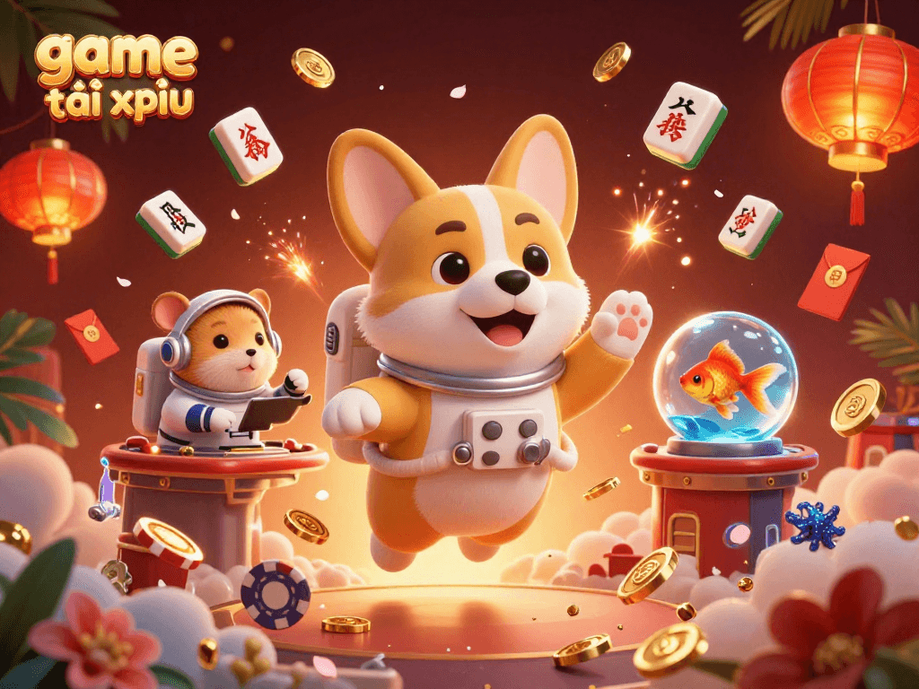 Experience the thrill of game tài xỉu with floating coins and vibrant casino elements in a dynamic scene.