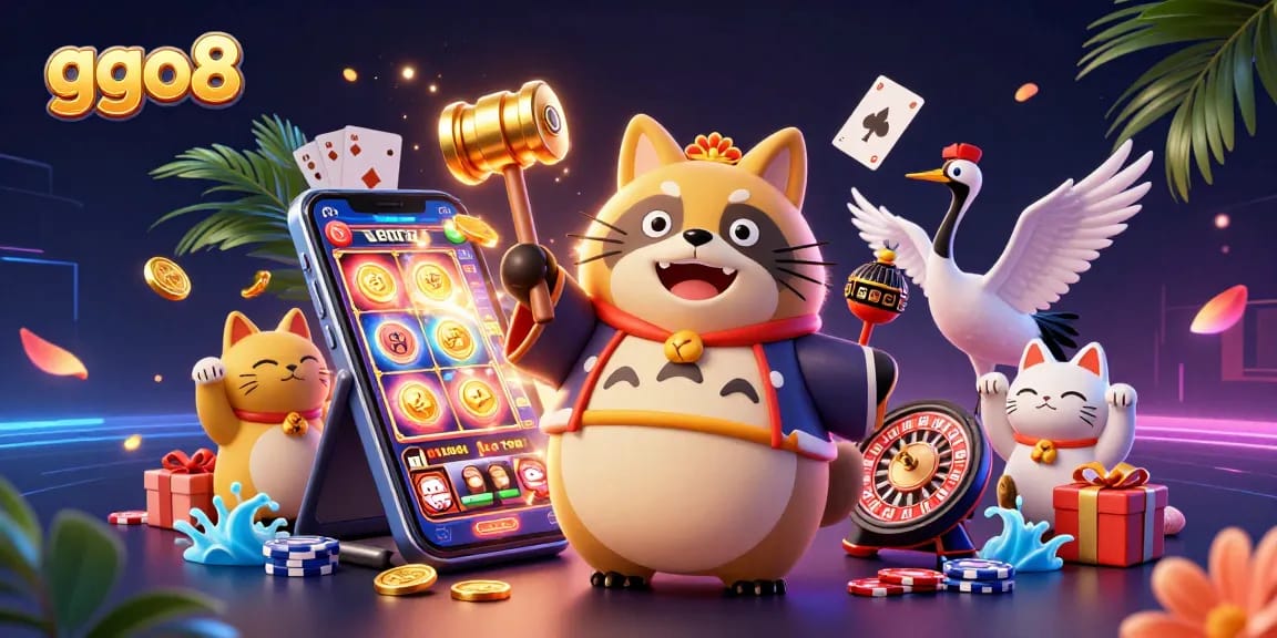 Experience vibrant gaming action with ggo8 in a colorful, cheerful 3D casino illustration featuring lucky symbols.