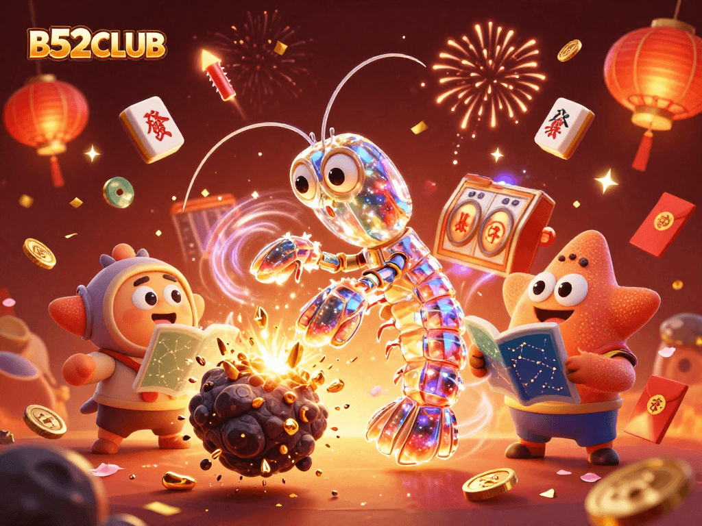 B52CLUB enhances excitement with a galactic scene full of gems, vibrant confetti, and casino elements.