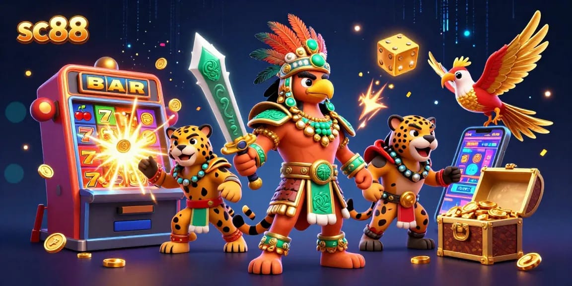 Experience the thrill of sc88 with 3D cartoon warriors amidst a vibrant casino scene!