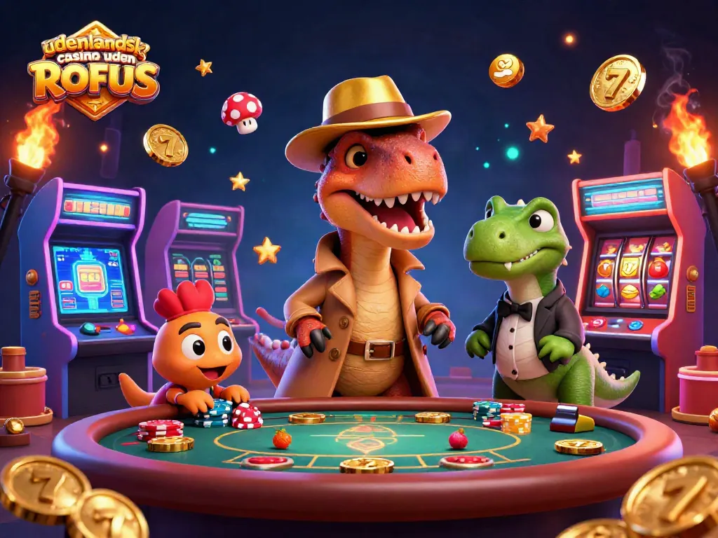 Experience the excitement of udenlandsk casino uden ROFUS with a cartoon velociraptor card counter at a blackjack table.