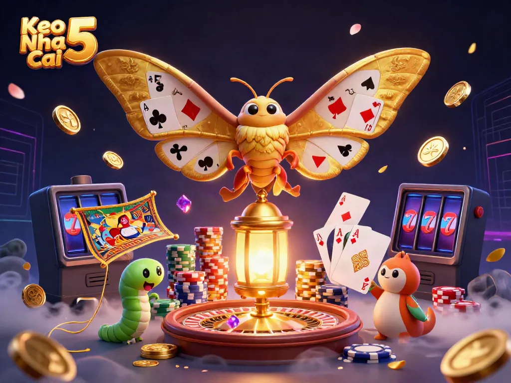 Wager with Keo Nha Cai 5 as the golden-winged atlas moth showcases a vibrant casino scene surrounded by coins and cards.