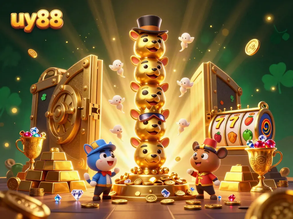 Experience excitement with uy88 in this vibrant 3D casino illustration featuring a unique golden totem.