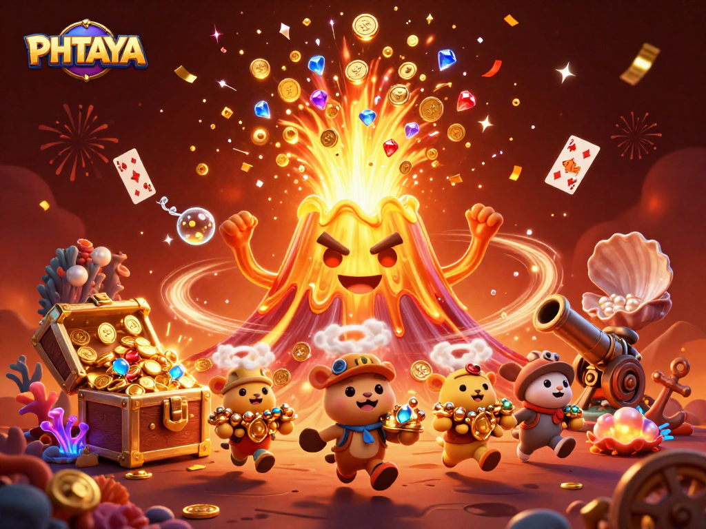 PHTAYA showcases a victorious golden volcano amid a treasure explosion, appealing to gaming fans.
