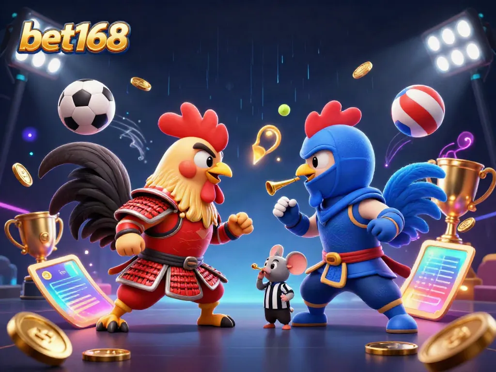 Engage in thrilling action with bet168's 3D fighting roosters in a vibrant casino backdrop.