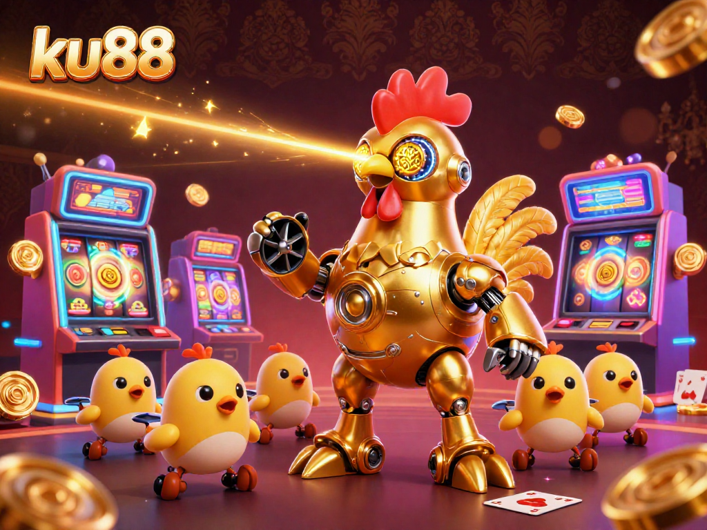 Engage in the thrilling atmosphere of ku88 with colorful slot machines and vibrant 3D elements.