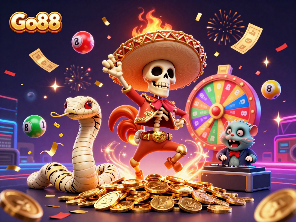 Celebrate big wins with Go88, featuring lively characters and dynamic casino elements in a fun scene.