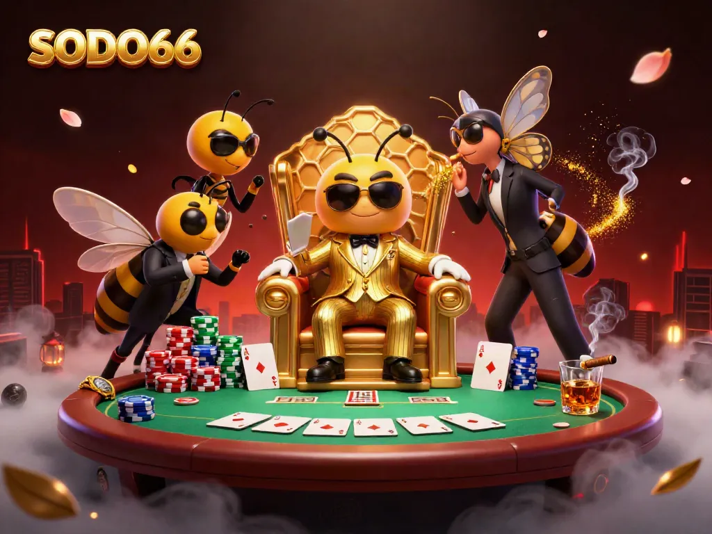 SODO66's buzzing casino scene features a cartoon bumblebee mob boss and gaming elements in an engaging environment