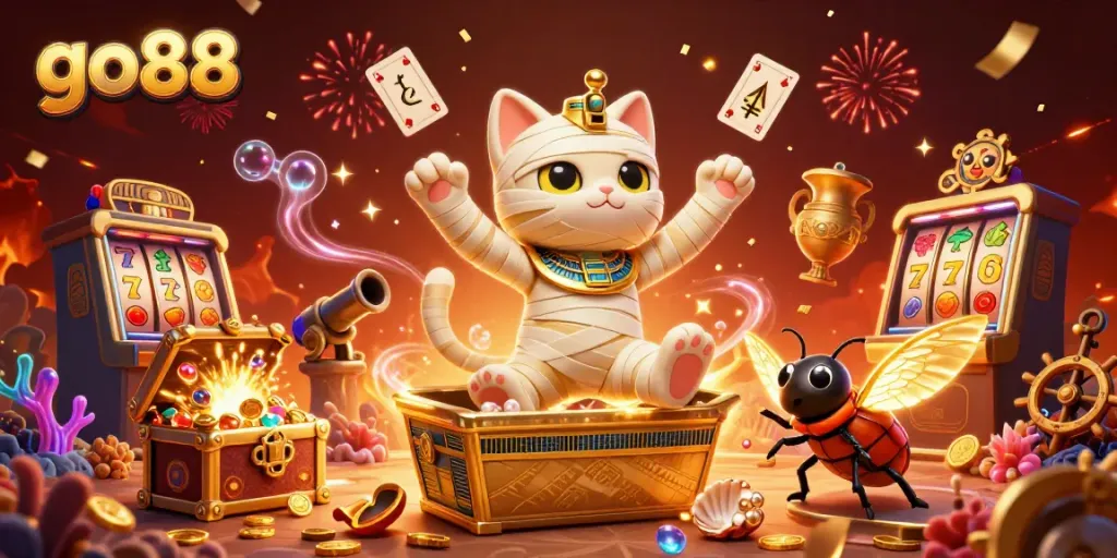 Engage in thrilling slots action with go88, featuring an Egyptian mummy cat and golden treasures.