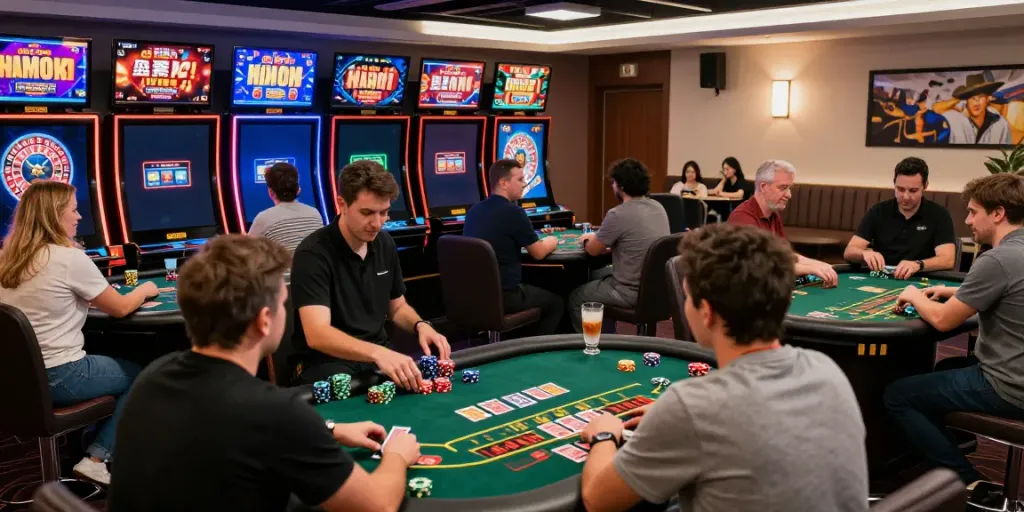 Dynamic online casino scene showcasing H19gene com gaming excitement with players at live tables and vibrant displays.