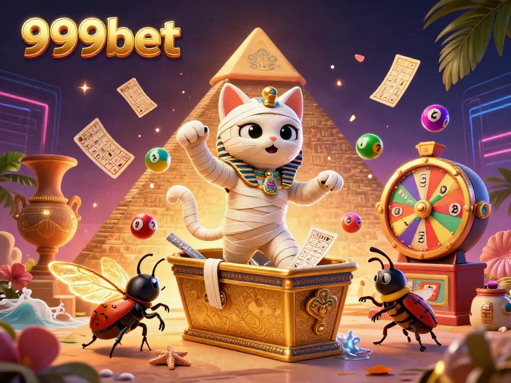 Engage with the dynamic world of 999bet, where a lively mummy cat and a glowing scarab lead the excitement in a pyramid casino!