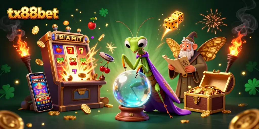 Experience the excitement of tx88bet with a vibrant casino scene featuring a fortune teller and a moth librarian.