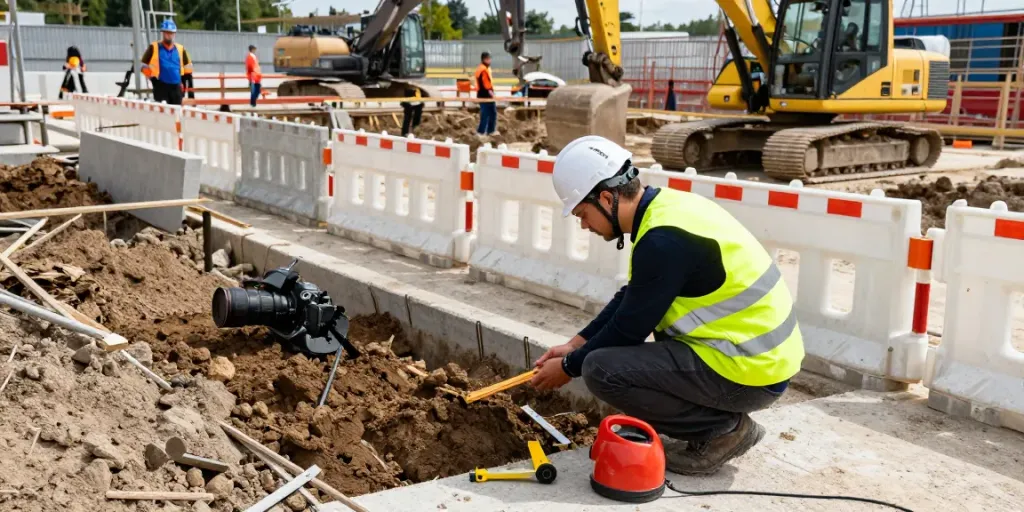 Baugrubensicherung am Baustellenort, Sicherheitsmaßnahmen und Expertise während der Bauüberprüfung
