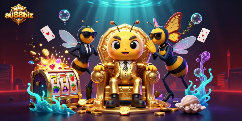 Experience winning strategies at au88biz, showcasing a vibrant 3D casino world filled with slot reels and unique characters.