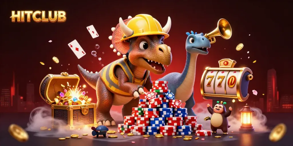 Experience the excitement of HITCLUB with a vibrant 3D casino-themed illustration showcasing thrilling game elements.