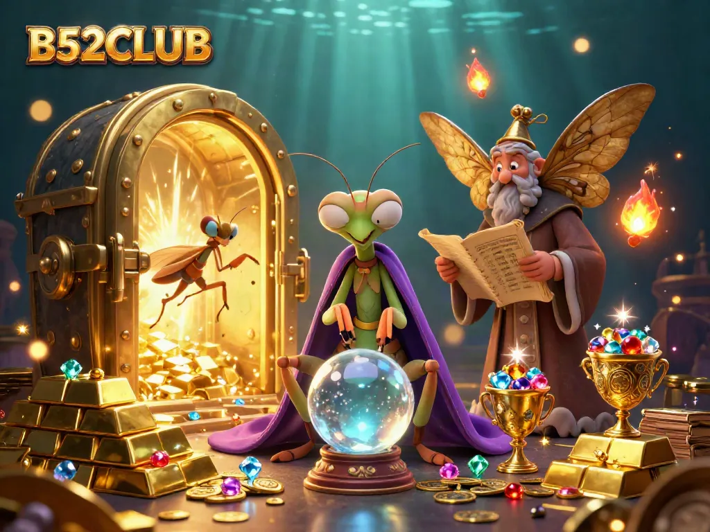 B52CLUB captivating image of a fortune teller and librarian revealing mystical treasures in a vibrant casino scene