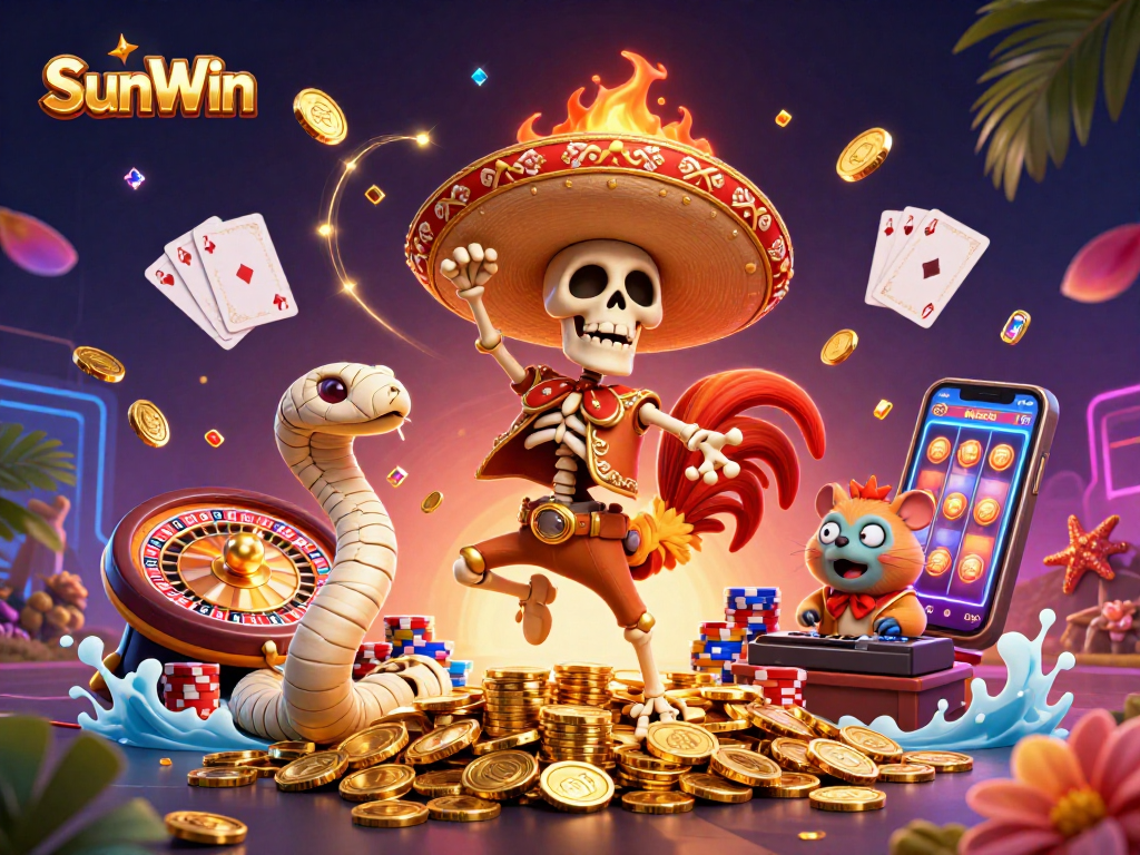 Celebrate wins at SunWin with vibrant casino characters dancing on sparkling coins.