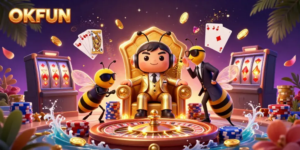 Engage with OKFUN's vibrant casino scene featuring a mob boss and dynamic game elements.